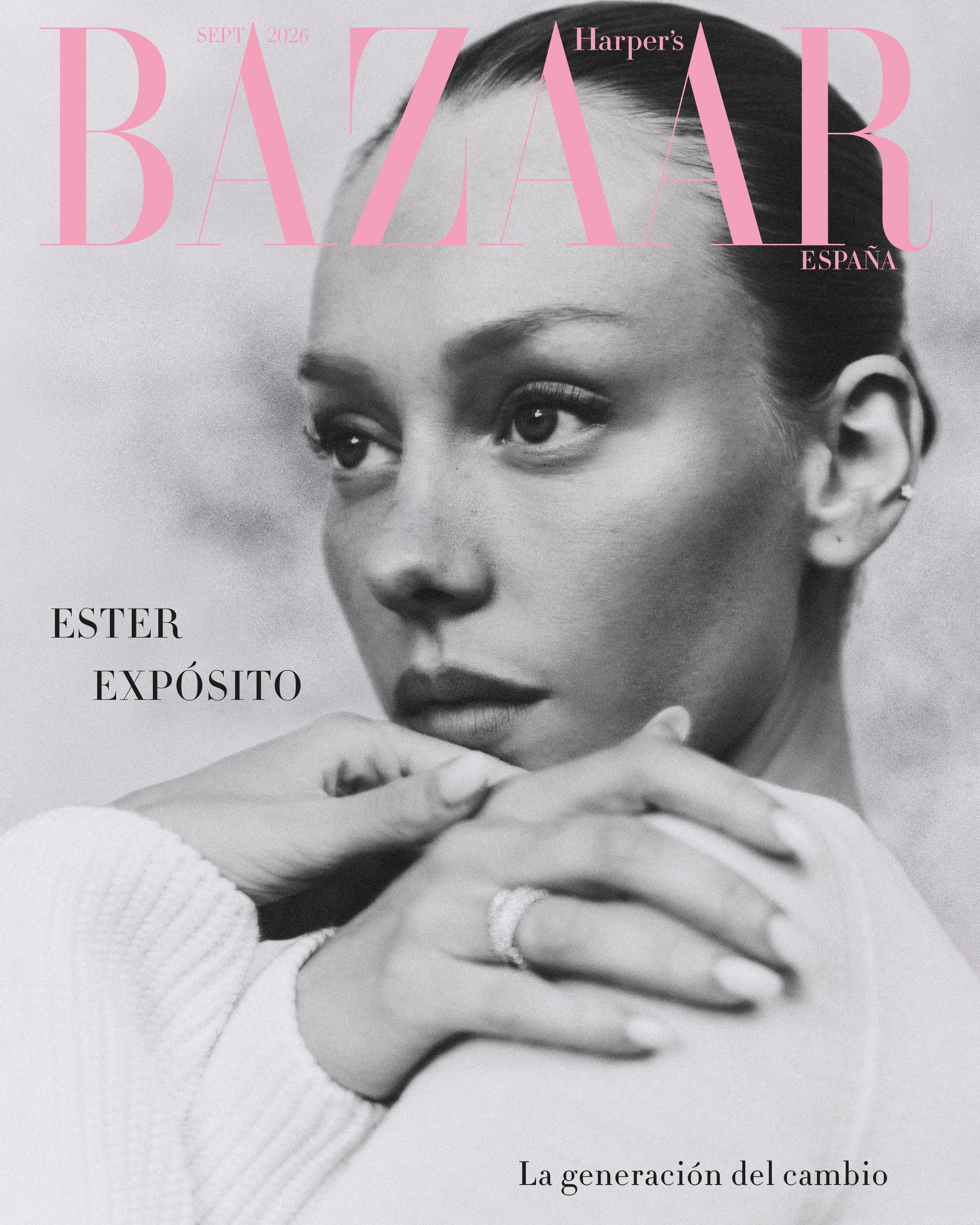 Black-and-white close portrait of Ester Expósito on an alternate September 2026 cover of Harper’s Bazaar España.