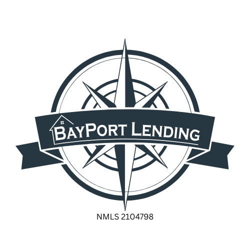 BayPort Lending logo featuring a compass rose behind a banner with a house icon integrated into the letter B, and NMLS number 2104798 below.