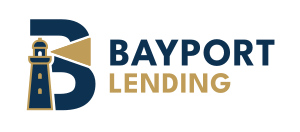 BayPort Lending logo featuring a compass rose behind a banner with a house icon integrated into the letter B, and NMLS number 2104798 below.