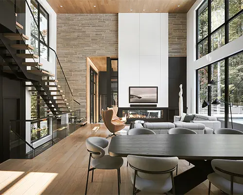 Stylish dining room and living room with a stone wall, central fireplace, and floating staircase