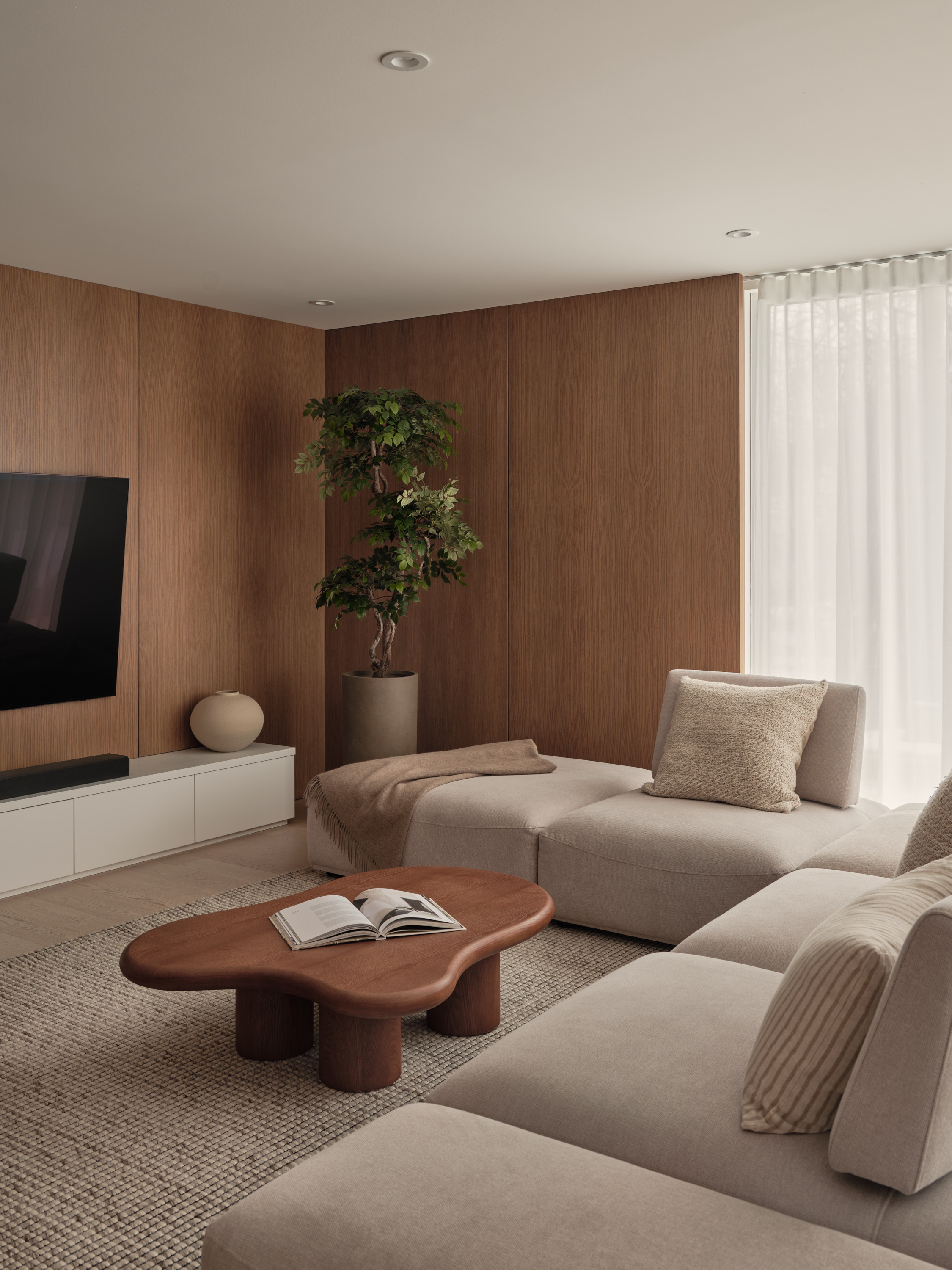 Living room with a wall-mounted TV, a decorative plant, and a sculptural wooden coffee table