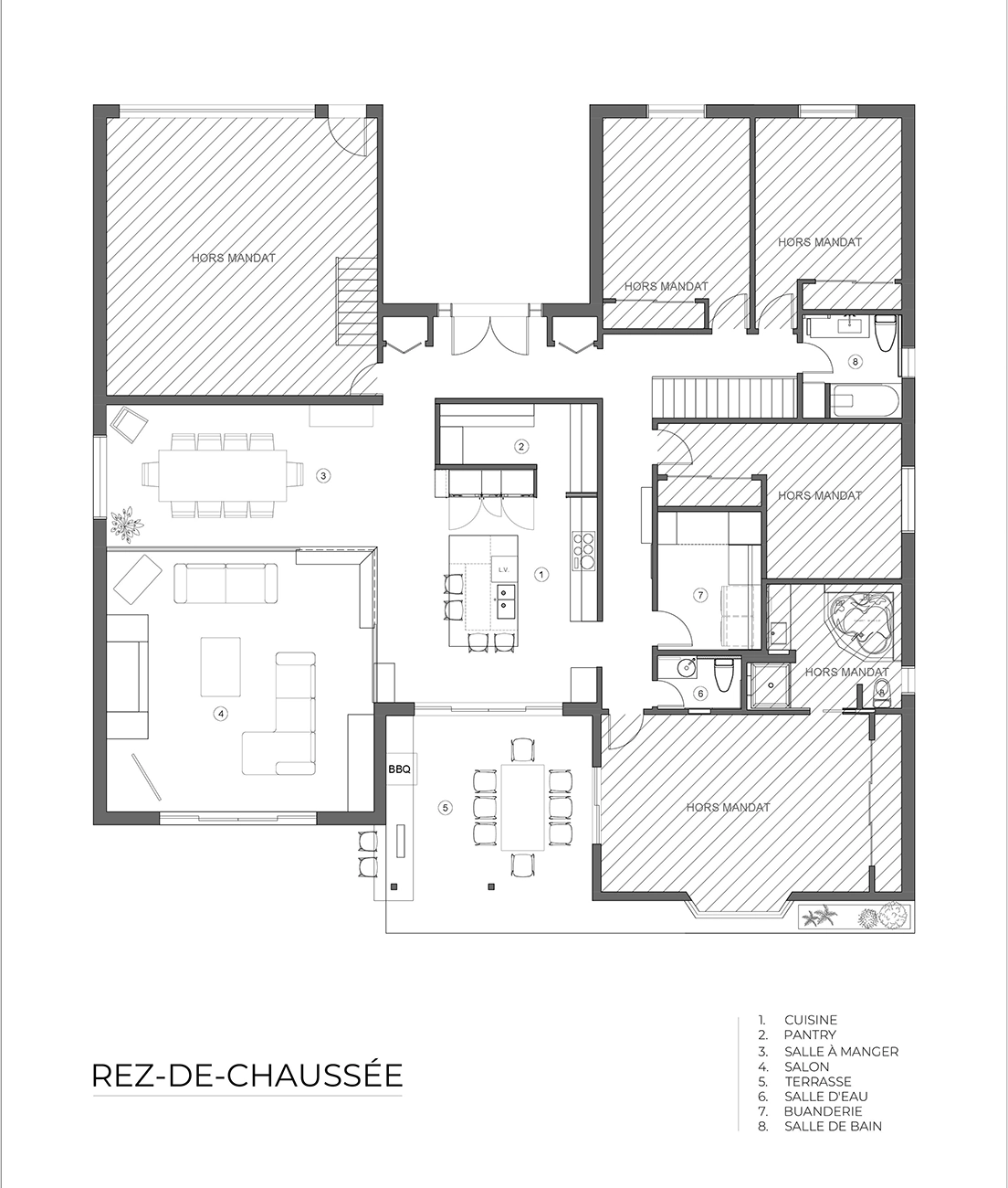 Ground floor plan with kitchen, dining room, living room, and terrace