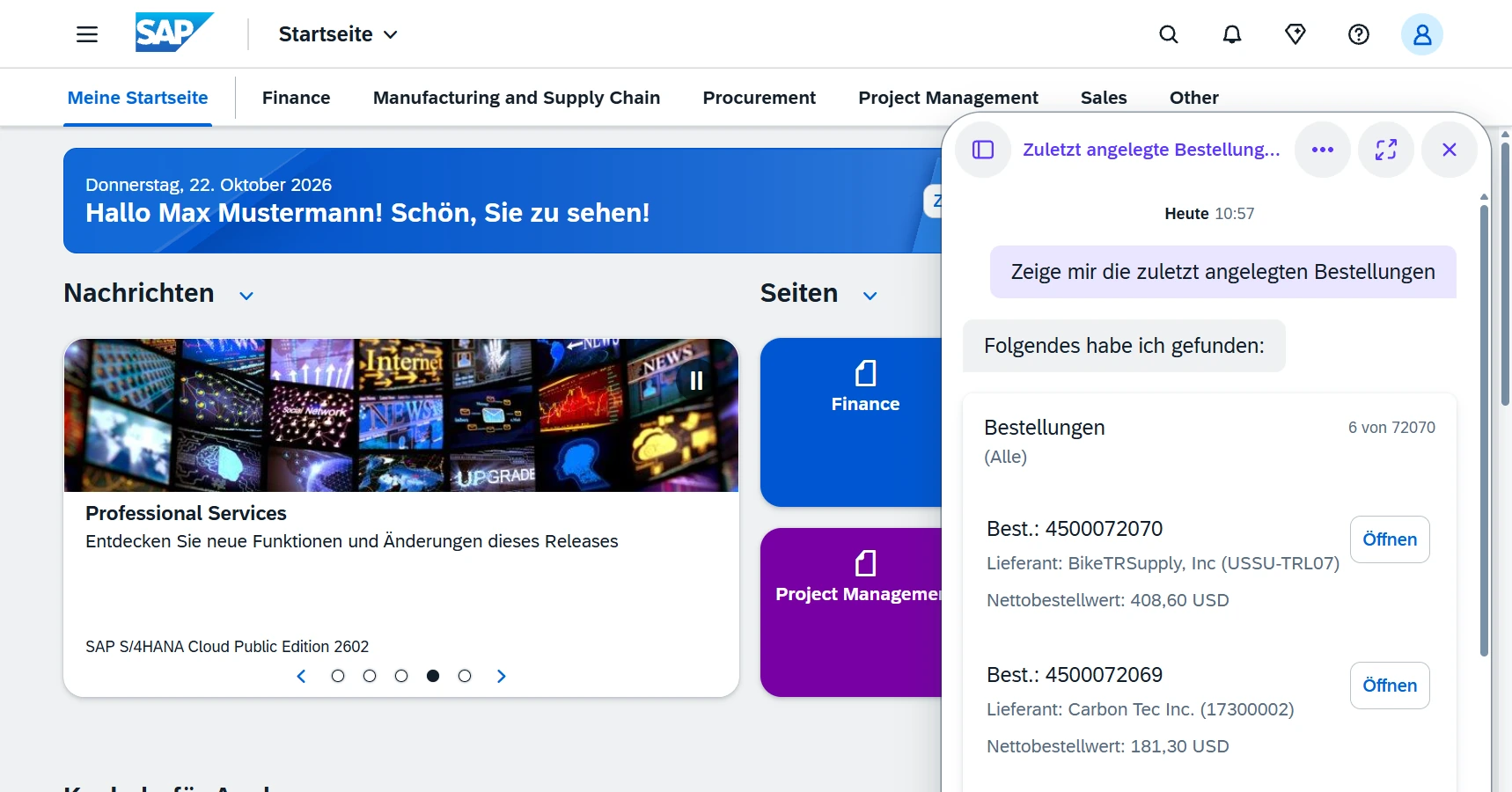 SAP S/4HANA Cloud: Meine Startseite mit geöffnetem Joule, das die zuletzt angelegten Bestellungen anzeigt