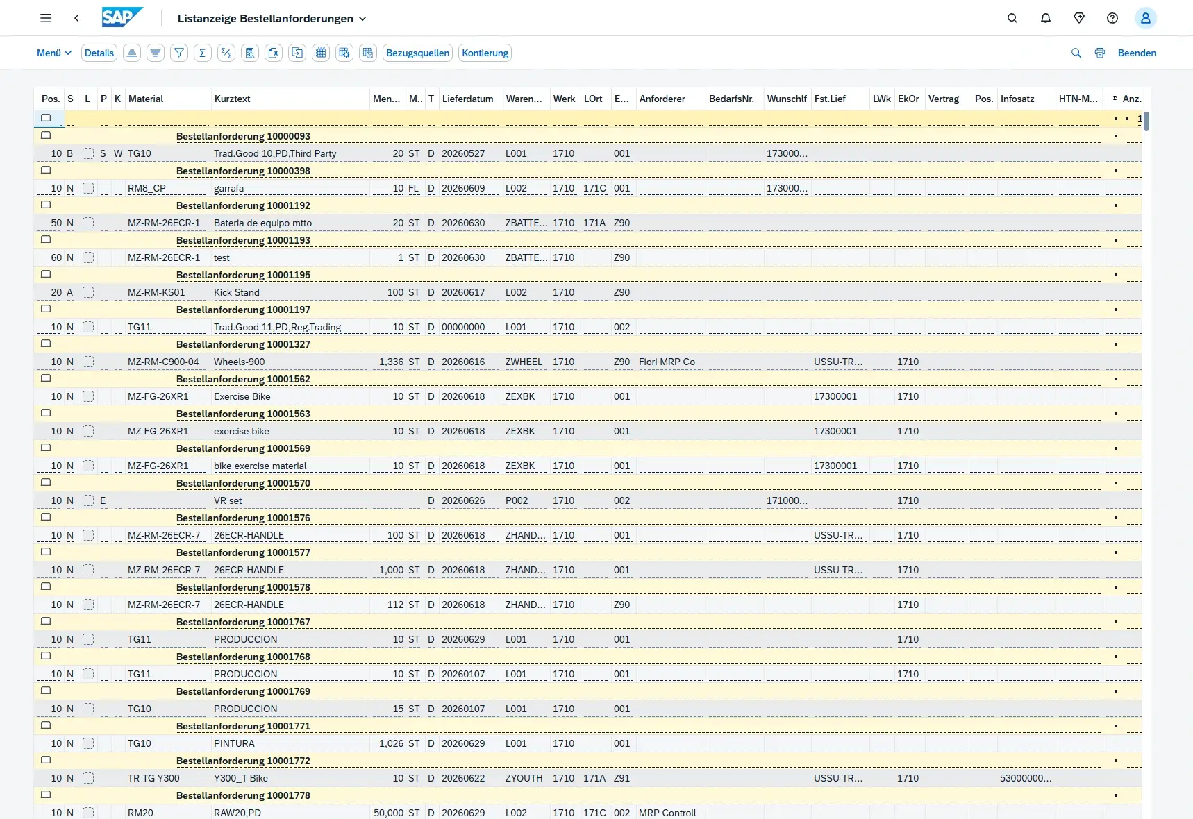 SAP GUI: Listanzeige Bestellanforderungen als klassische ALV-Liste
