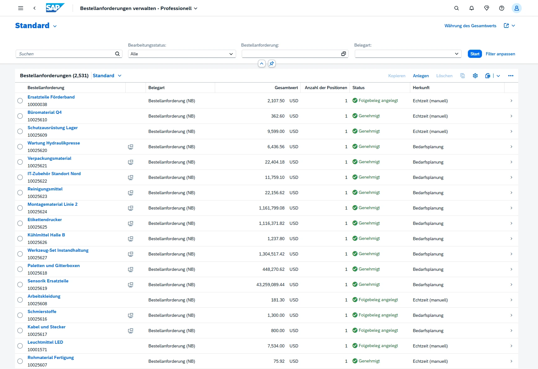 SAP Fiori: App Bestellanforderungen verwalten mit Status und Gesamtwerten