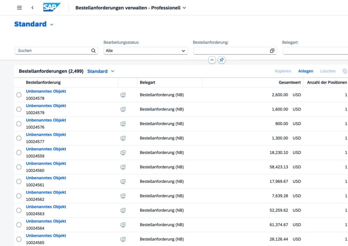 SAP Fiori List Report Bestellanforderungen verwalten mit markierten Audit-Befunden