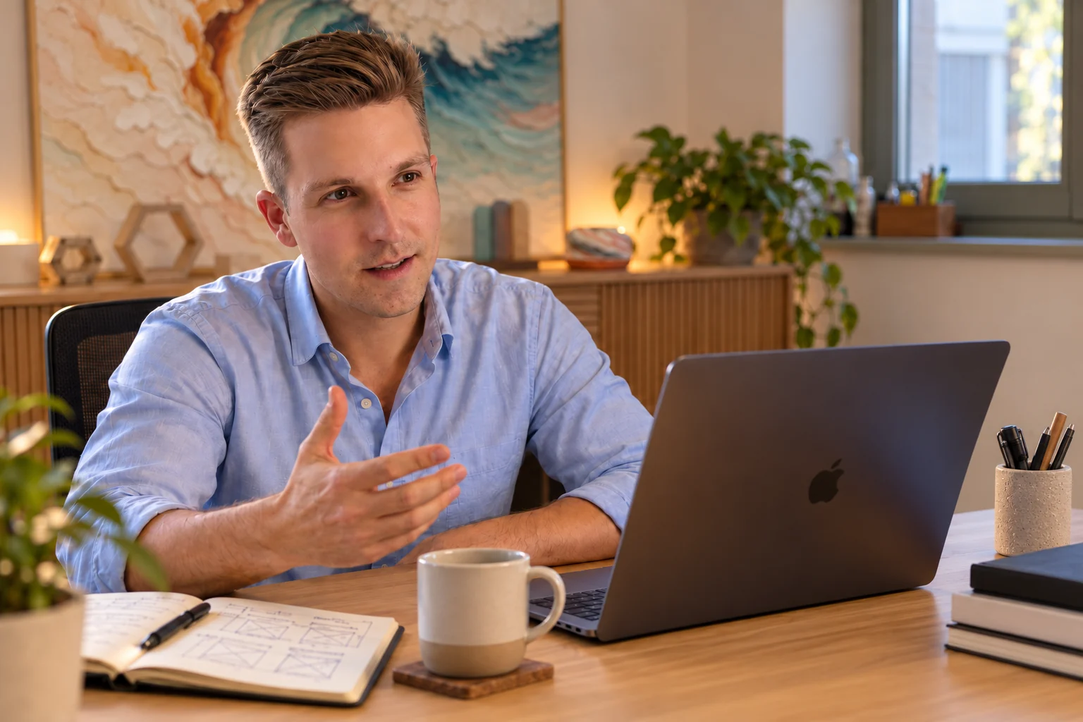 Maximilian Gräf im Videocall an seinem Schreibtisch