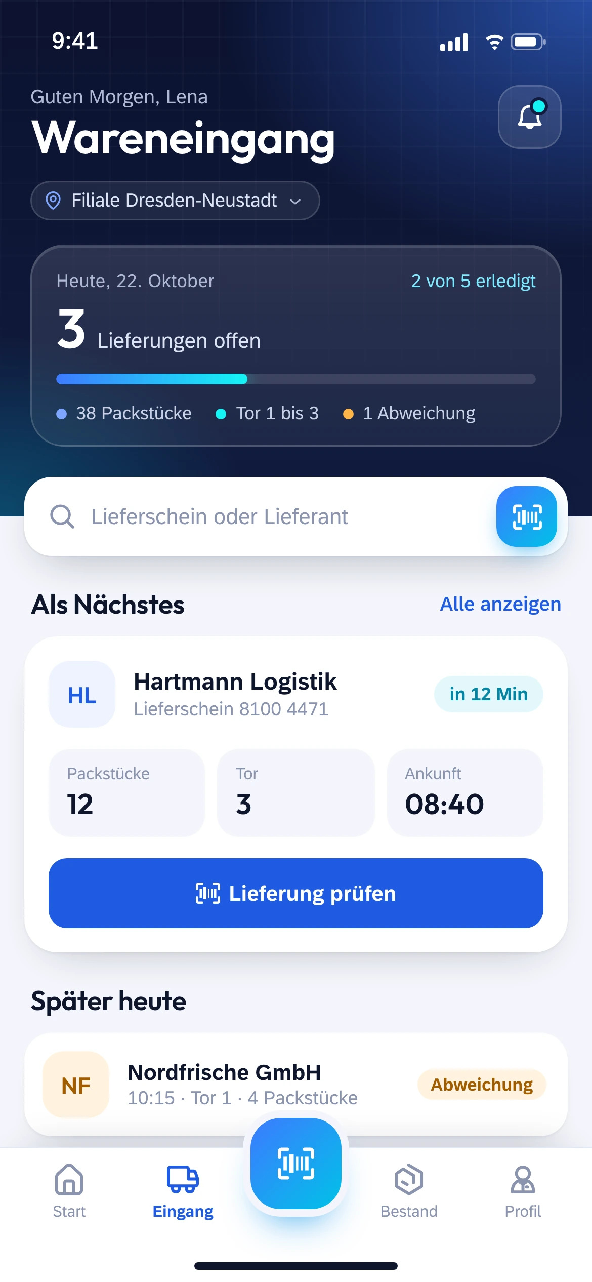 Mobile App Wareneingang, gebaut mit denselben Komponenten und Farben des Designsystems