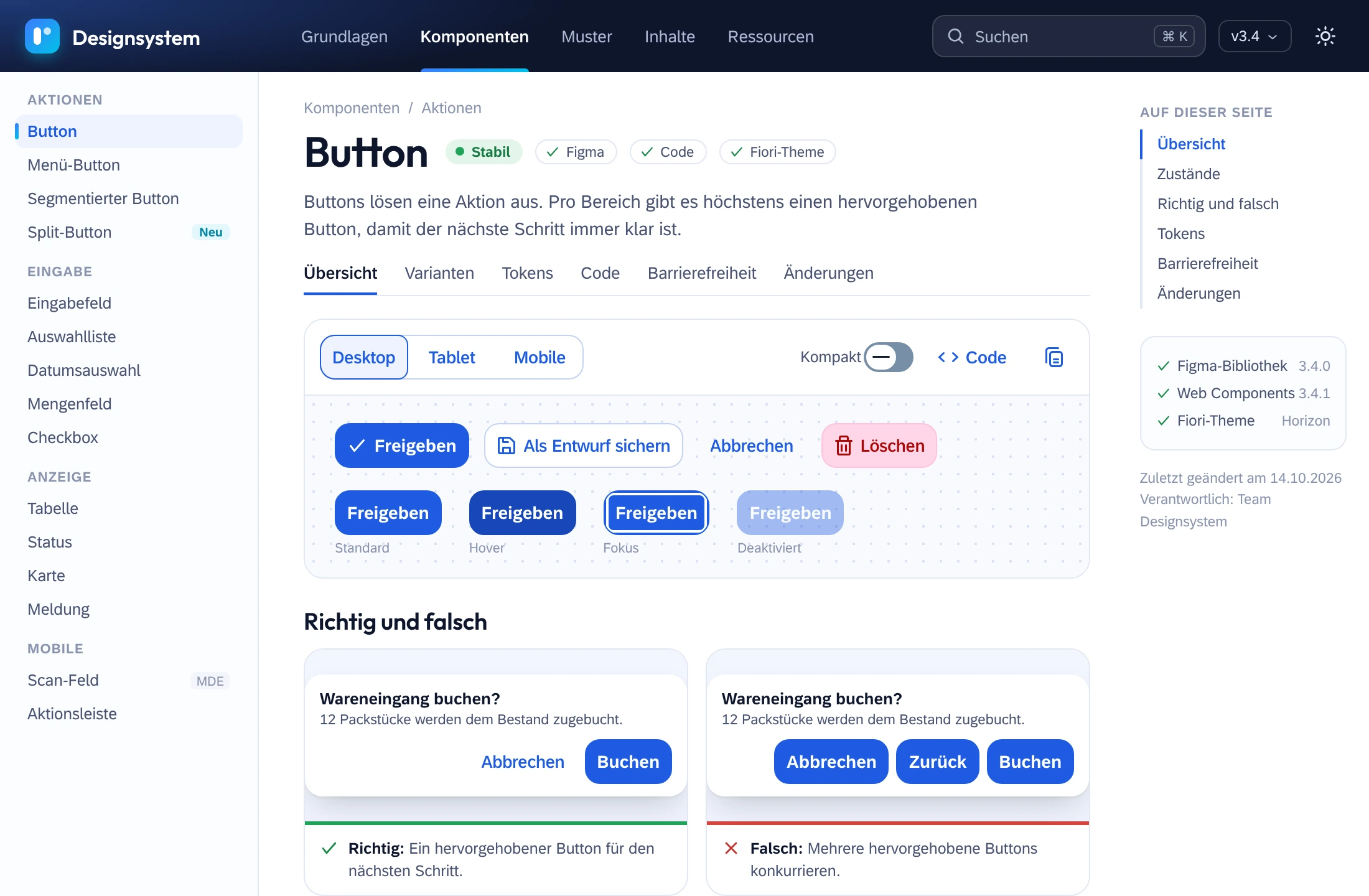 Dokumentation eines Designsystems: Seite der Komponente Button mit Varianten, Zuständen und Richtig-und-falsch-Beispielen