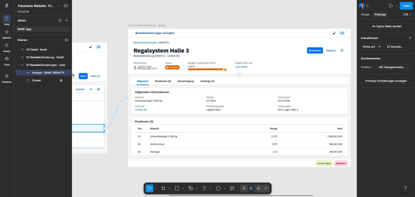 Figma-Arbeitsdatei mit SAP-Fiori-Screens einer Bestellanforderung, die zu einem Klickprototyp verknüpft sind
