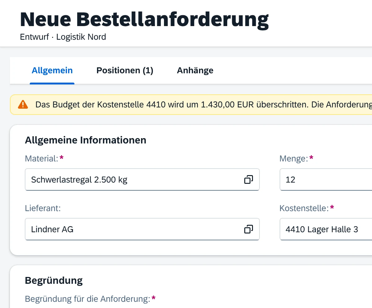Ausschnitt der Anlegen-Seite, das Feld Material ist hervorgehoben
