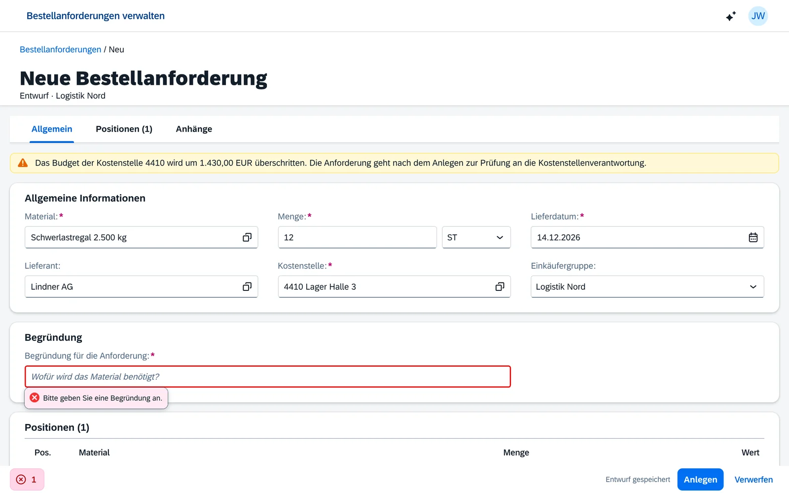 SAP-Fiori-Object-Page zum Anlegen einer Bestellanforderung mit Pflichtfeldern, Wertehilfen, Budgetwarnung und Fehlermeldung am Feld