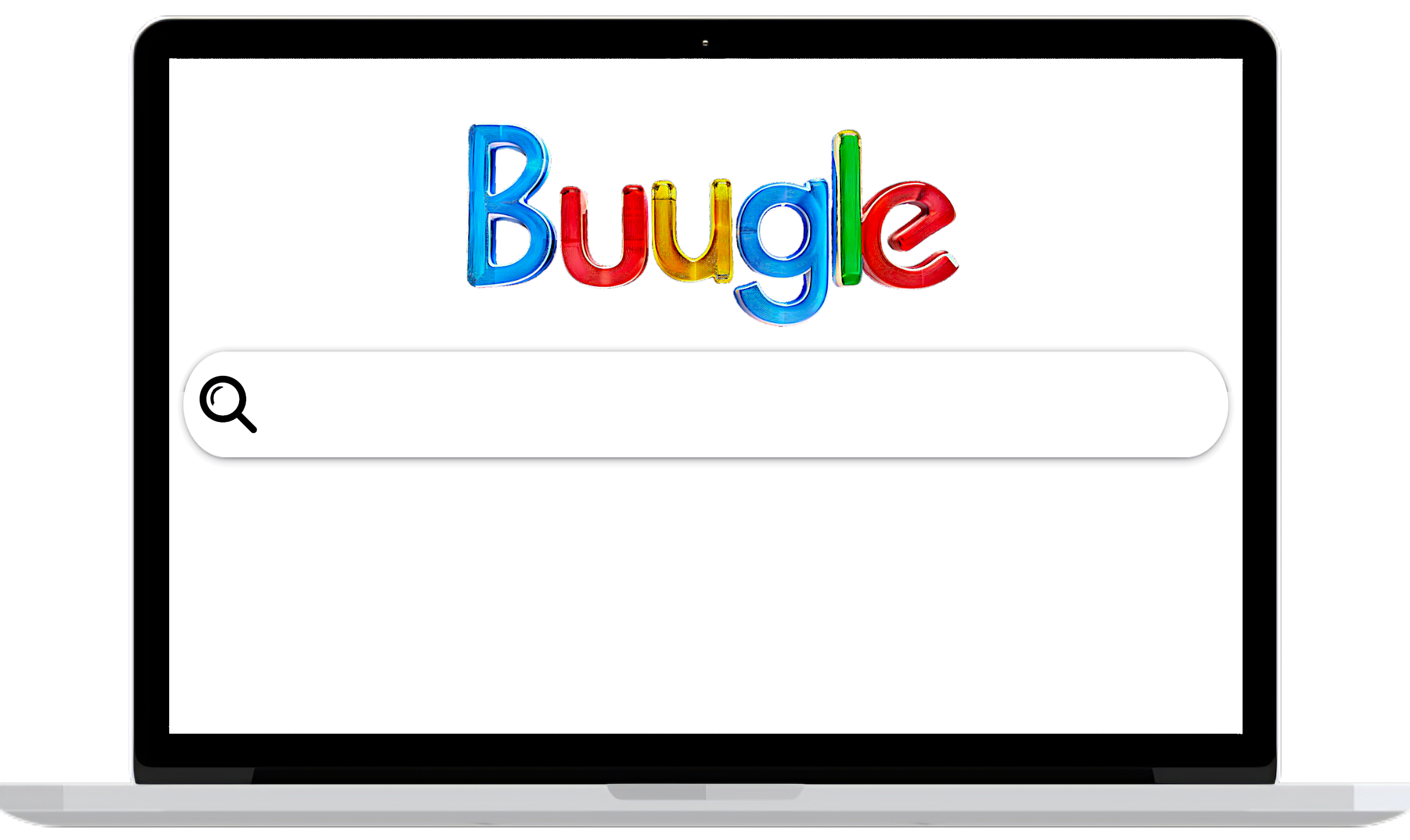 a laptop whose screen is facing directly at you, the viewer. It illustrates a Search Engine page with the whimsical title “Bugle”.