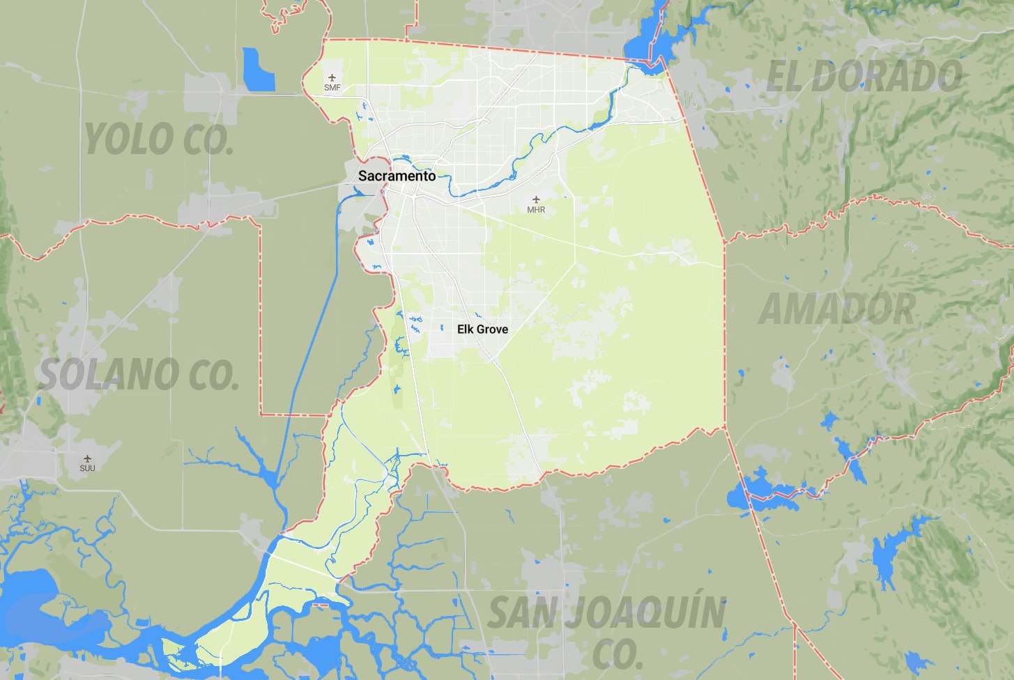 Sacramento County. The major cities of Sacramento and Elk Grove are labelled.