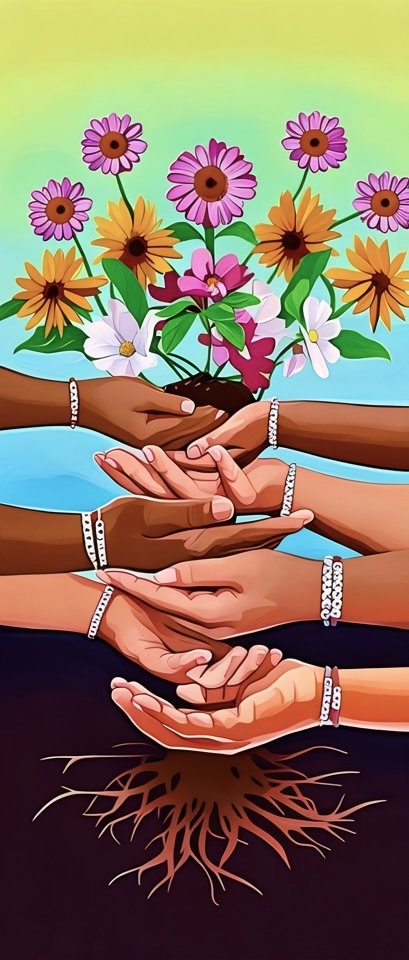 An illustration of 7 people's hands stacked upon each other in unity, holding up a mound of soil that has sprouted a dozen pink and yellow flowers.