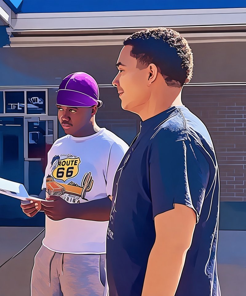 An illustration of a teenager wearing a du-rag, discussing something with another adult just outside the school entrance.