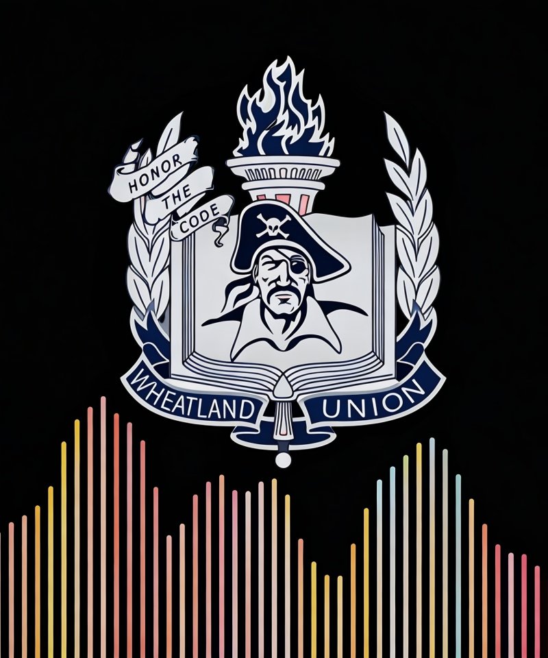 The official crest of Wheatland Union is the face of a pirate set upon a book and emblematic torch, with the words: “Honor the Code.”