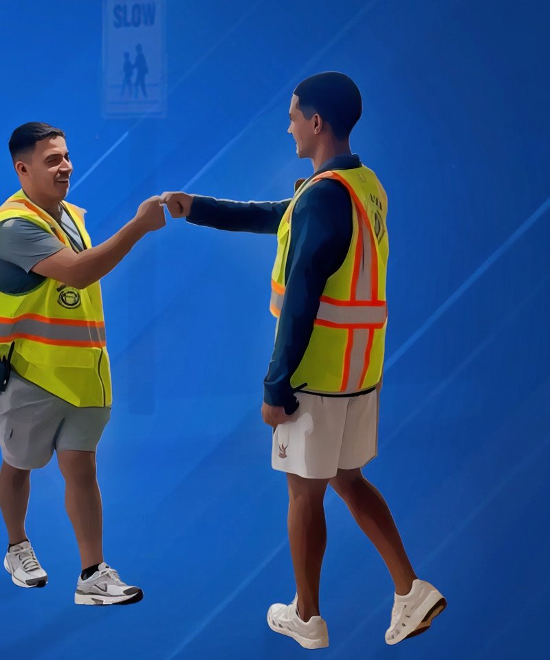 An illustration of two dads wearing reflective safety vests, giving each other a fist bump at the crosswalk.