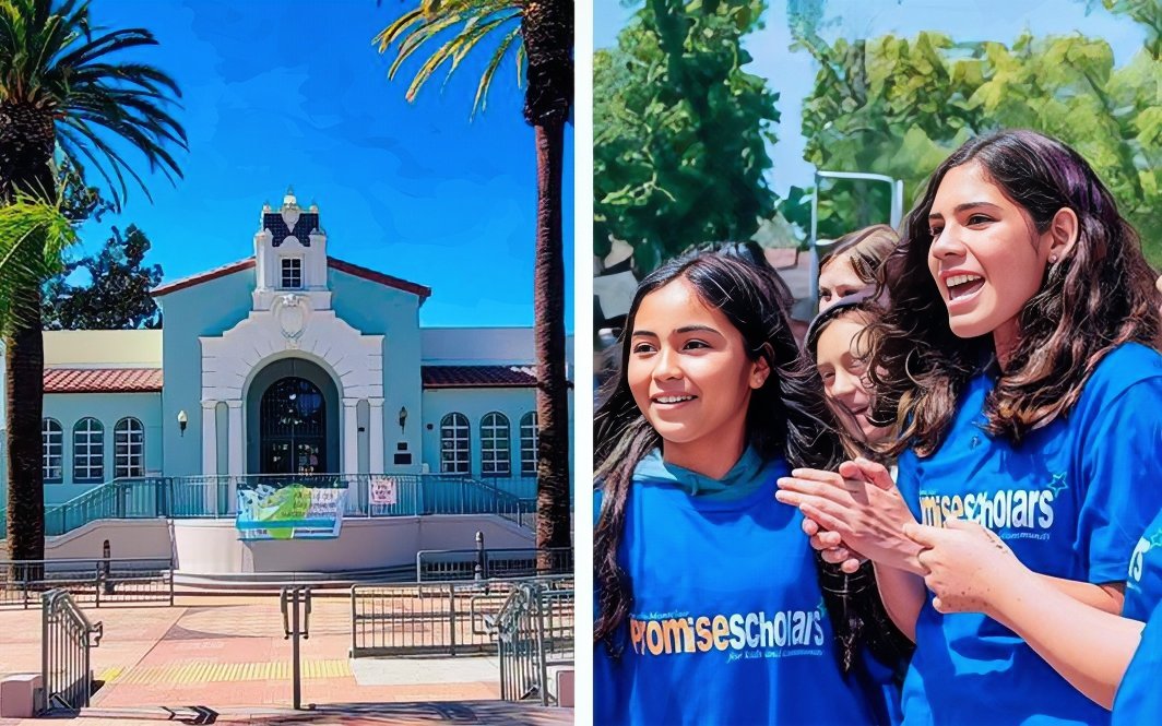 split image: on the left is a school building with a Spanish-revivalist architecture style; on the right is a cheerful group of students wearing sweatshirts with the words: “Promise Scholars.”