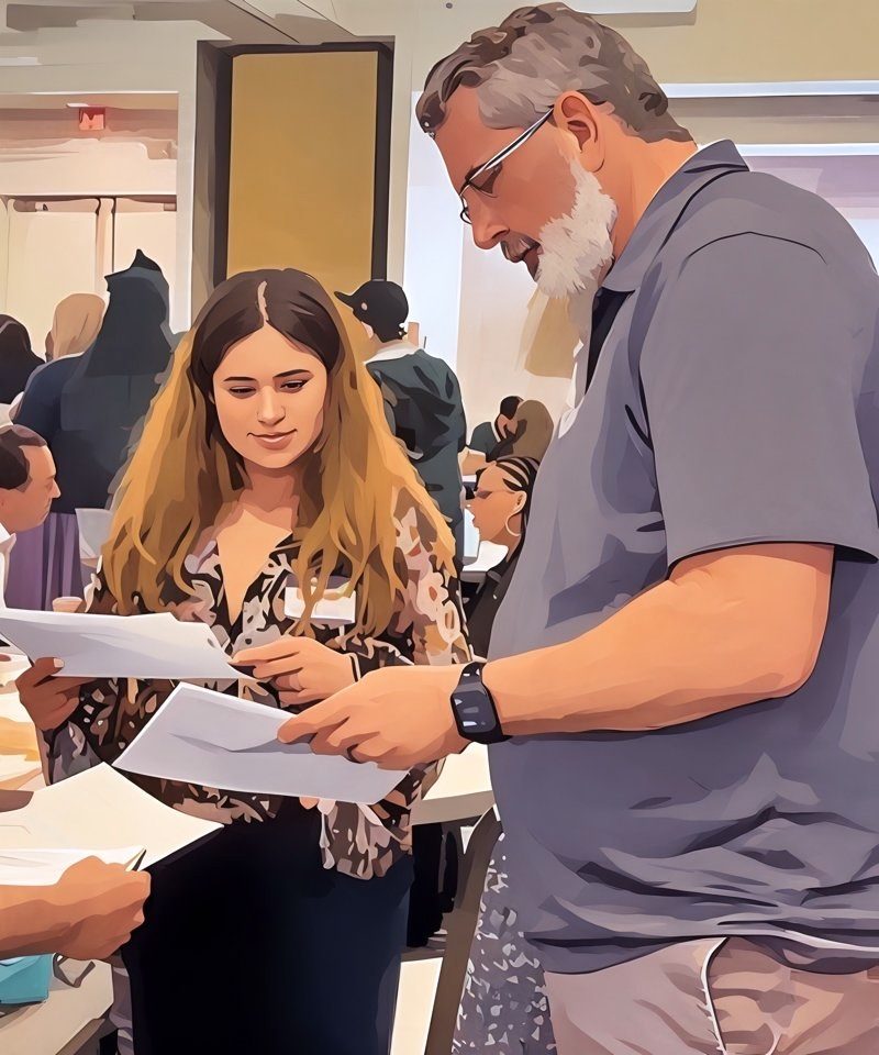 Illustration of a tall male teacher standing alongside a young woman, as they both examine a set of papers.