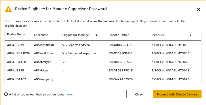 Device Eligibility for Manage Supervisor Password