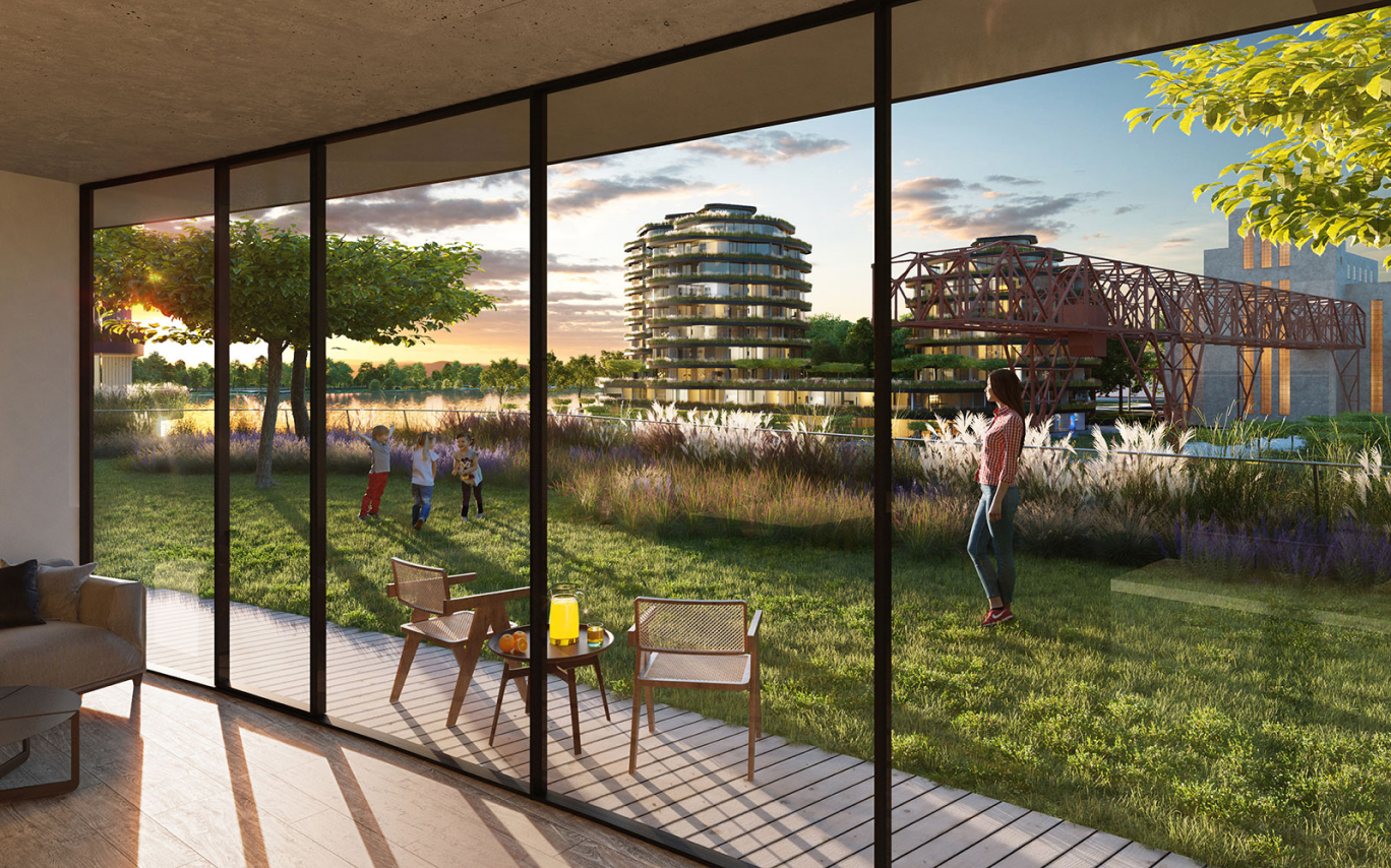 A contemporary house with a towering tree in the foreground.