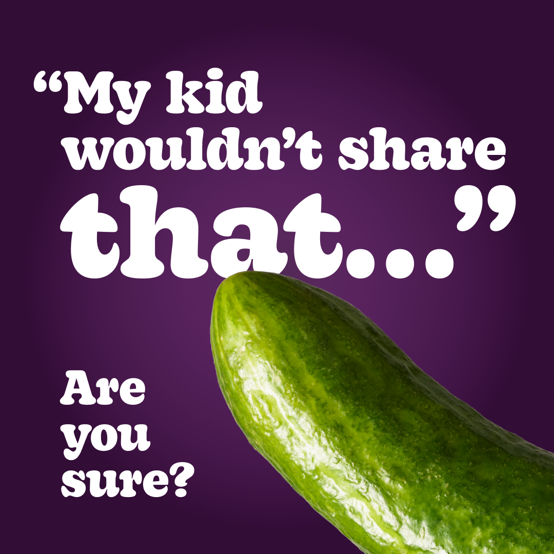 Quotation saying 'My kid wouldn't share that...' above text 'Are you sure?' next to a close-up of a green cucumber on a purple background.