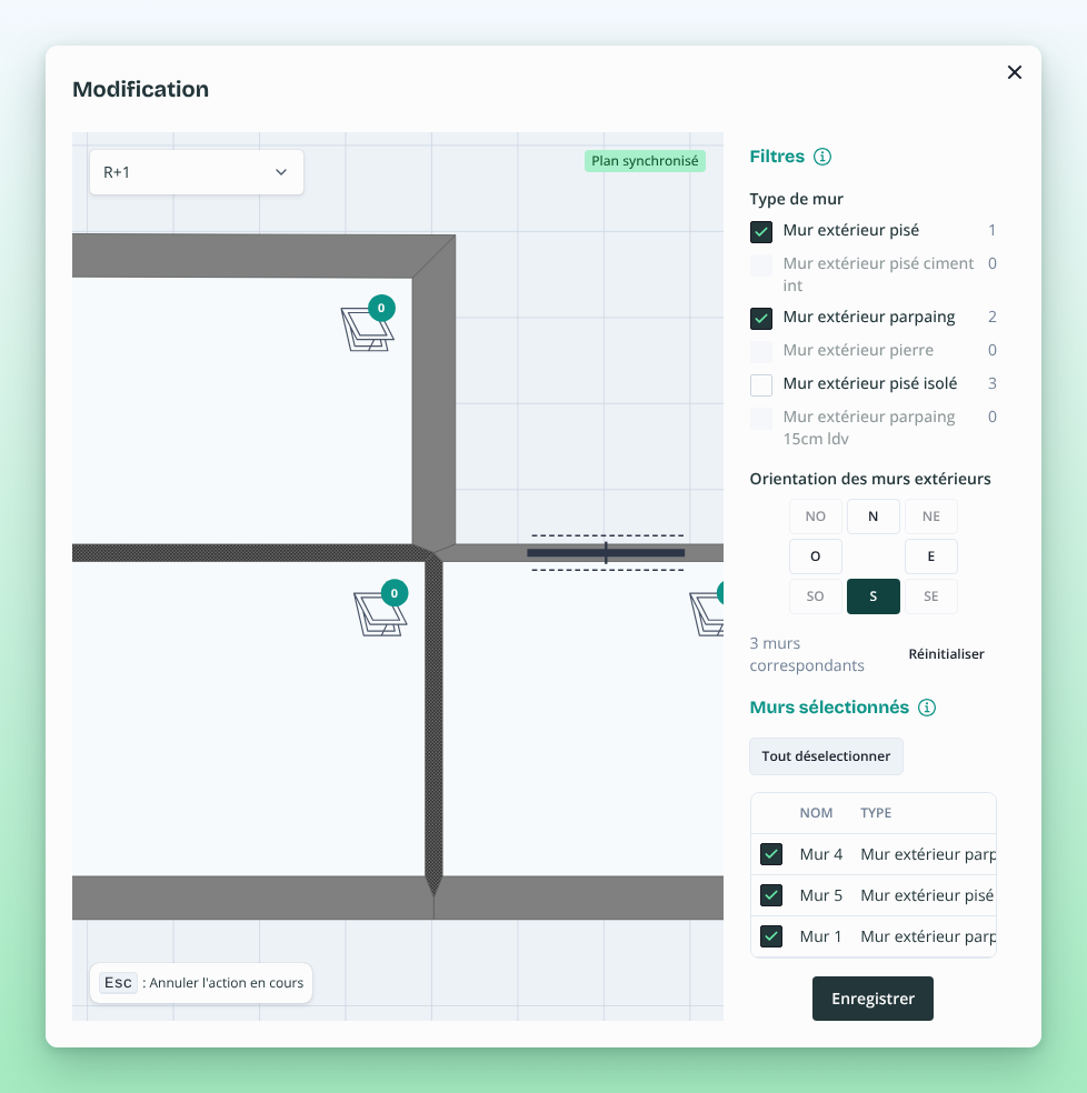 Modification de murs avec les filtres par type de mur et par orientation à côté du plan