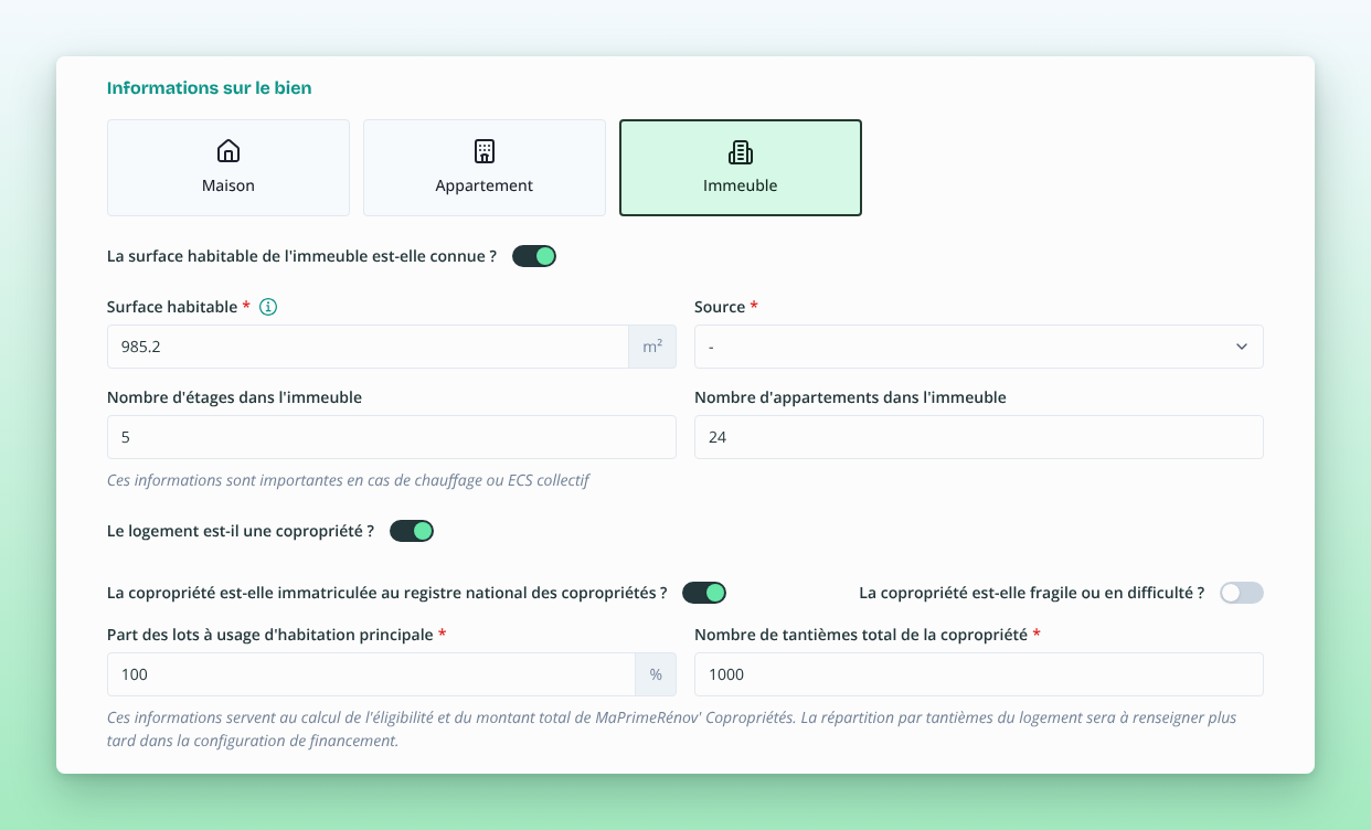 Page Informations générales d’un immeuble avec la question « La surface habitable de l’immeuble est-elle connue ? »