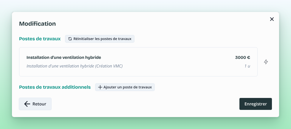 Fenêtre des postes de travaux d’une modification de ventilation avec le poste « Installation d’une ventilation hybride »