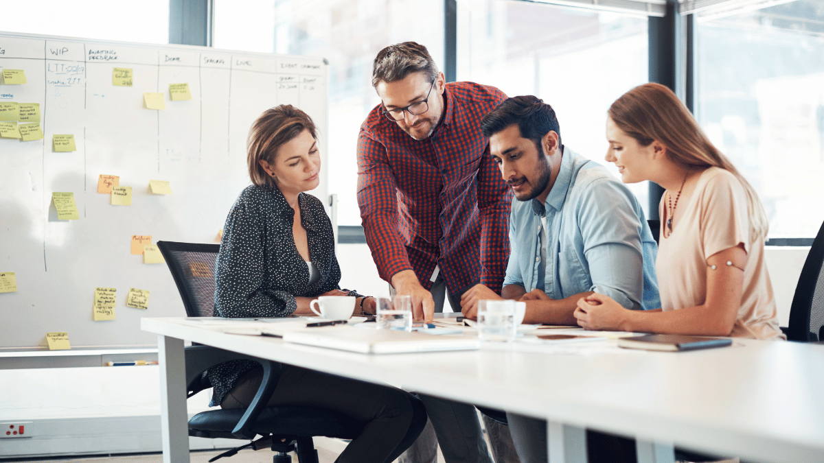 A team of employees collaborating on a project