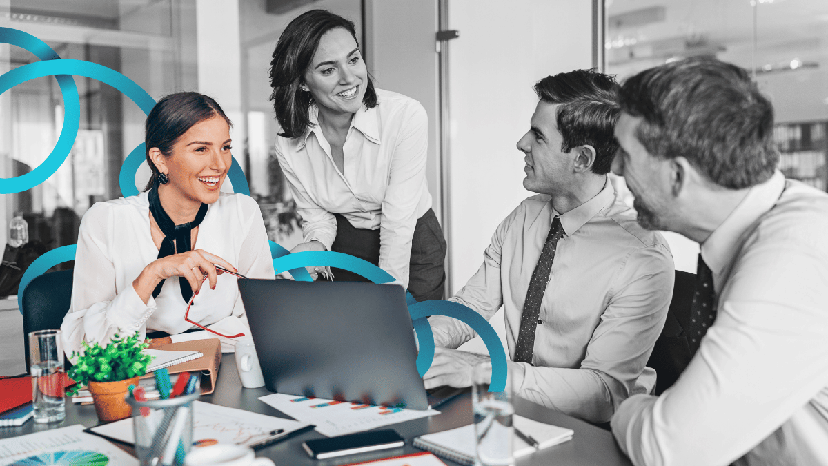team photo at work with high potential employee highlighted