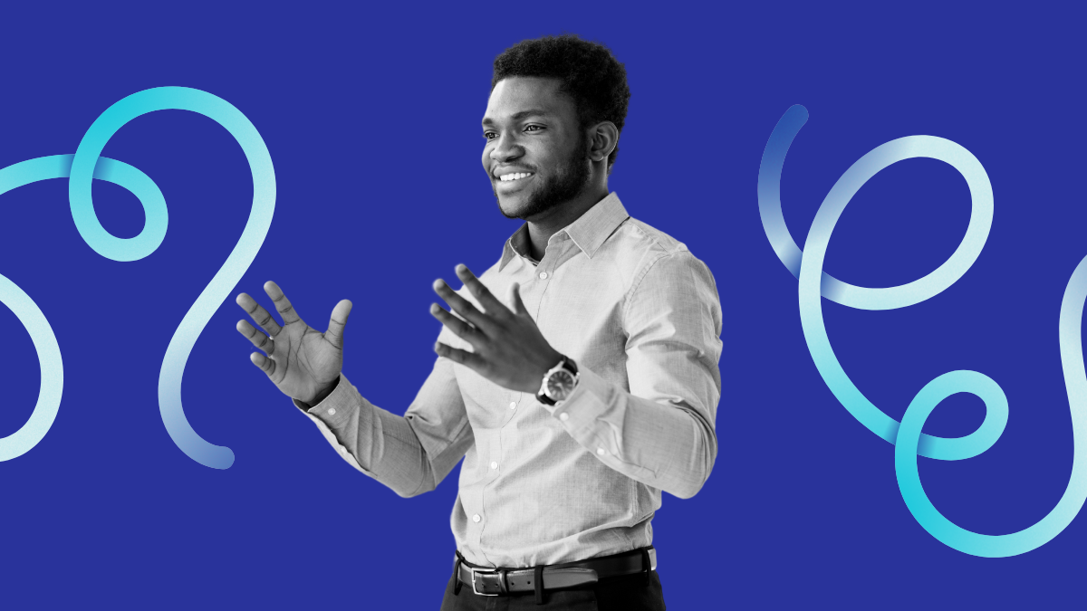 person presenting behind a stylized background