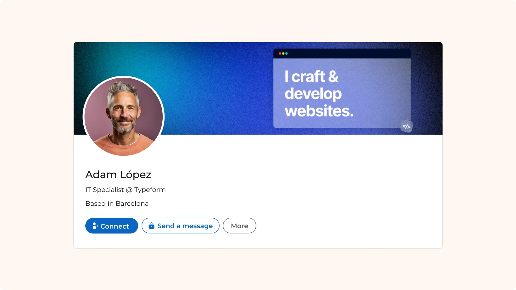 A snapshot of a linkedin profile of Adam Lopez. Features a beautiful linkedin banner that has a crafted message. 