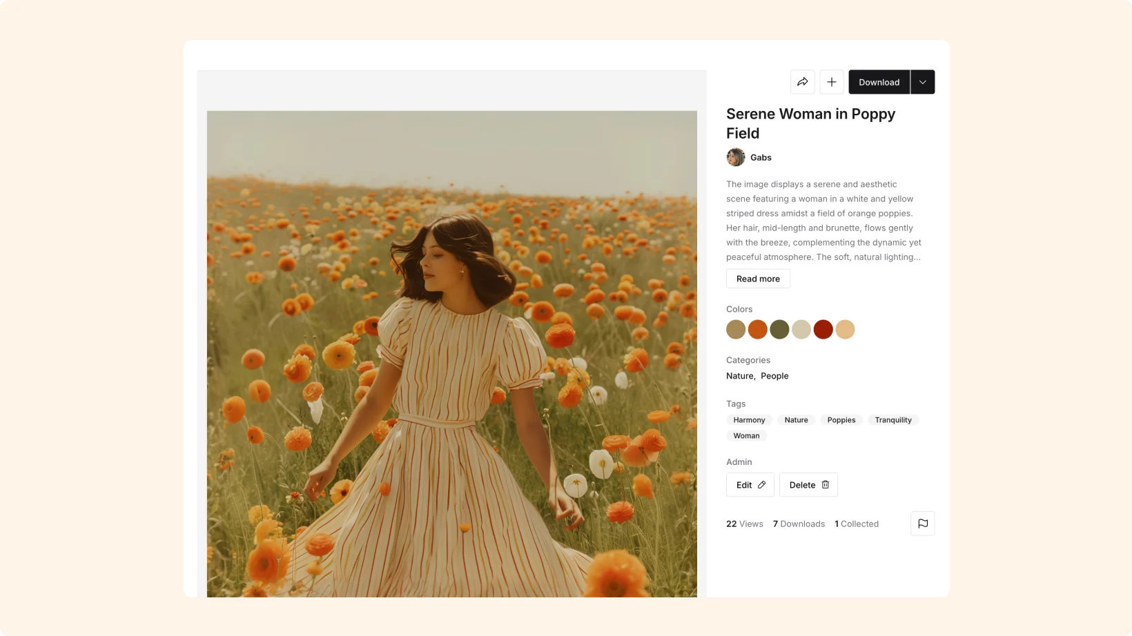 The image displays a serene and aesthetic scene featuring a woman in a white and yellow striped dress amidst a field of orange poppies. Her hair, mid-length and brunette, flows gently with the breeze, complementing the dynamic yet peaceful atmosphere. The soft, natural lighting enhances the rich color palette dominated by warm tones of orange, yellow, and green, suggesting a late afternoon or early evening setting. 