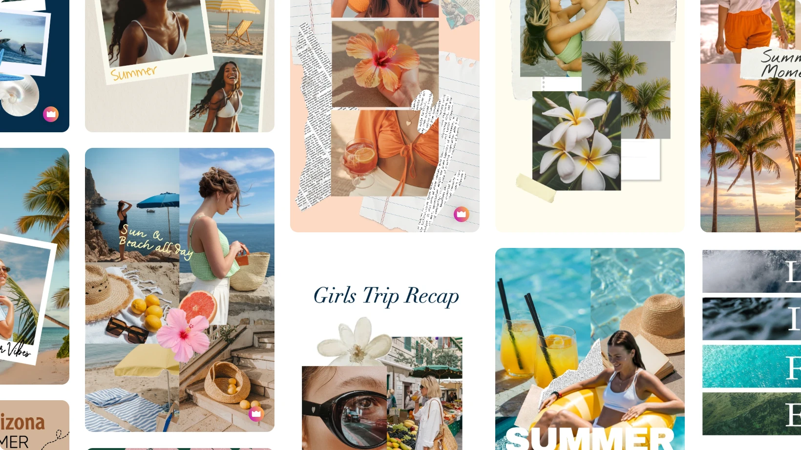 Summer-themed collage from Picsart featuring women at the beach, tropical flowers, palm trees, drinks by the pool, and handwritten captions. Bright, vacation-style edits celebrating sun, style, and friendship.