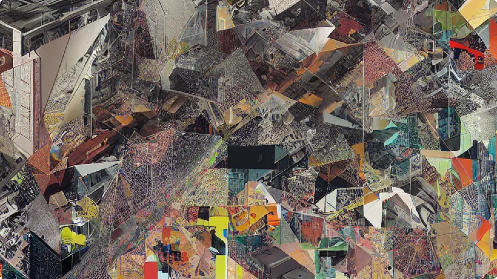 Abstract AI-generated collage from OpenArt’s collage generator, featuring layered textures, fragmented patterns, and geometric shapes in a complex, multicolor composition. A blend of chaos and structure.