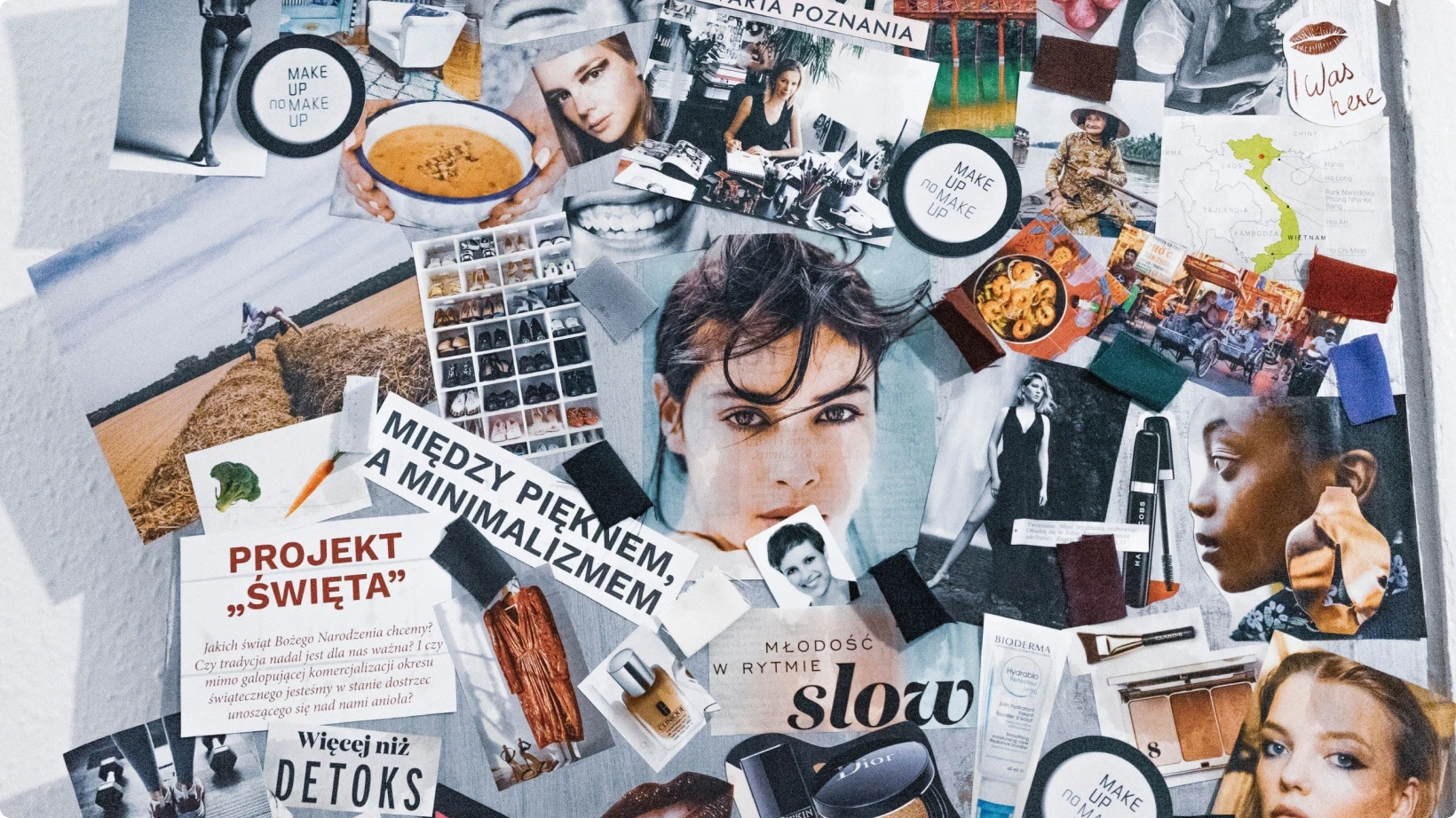 Handmade aesthetic collage created in Canva, featuring fashion editorials, beauty products, food, travel imagery, and Polish text clippings. A mood board blending minimalism, lifestyle, and global inspiration.