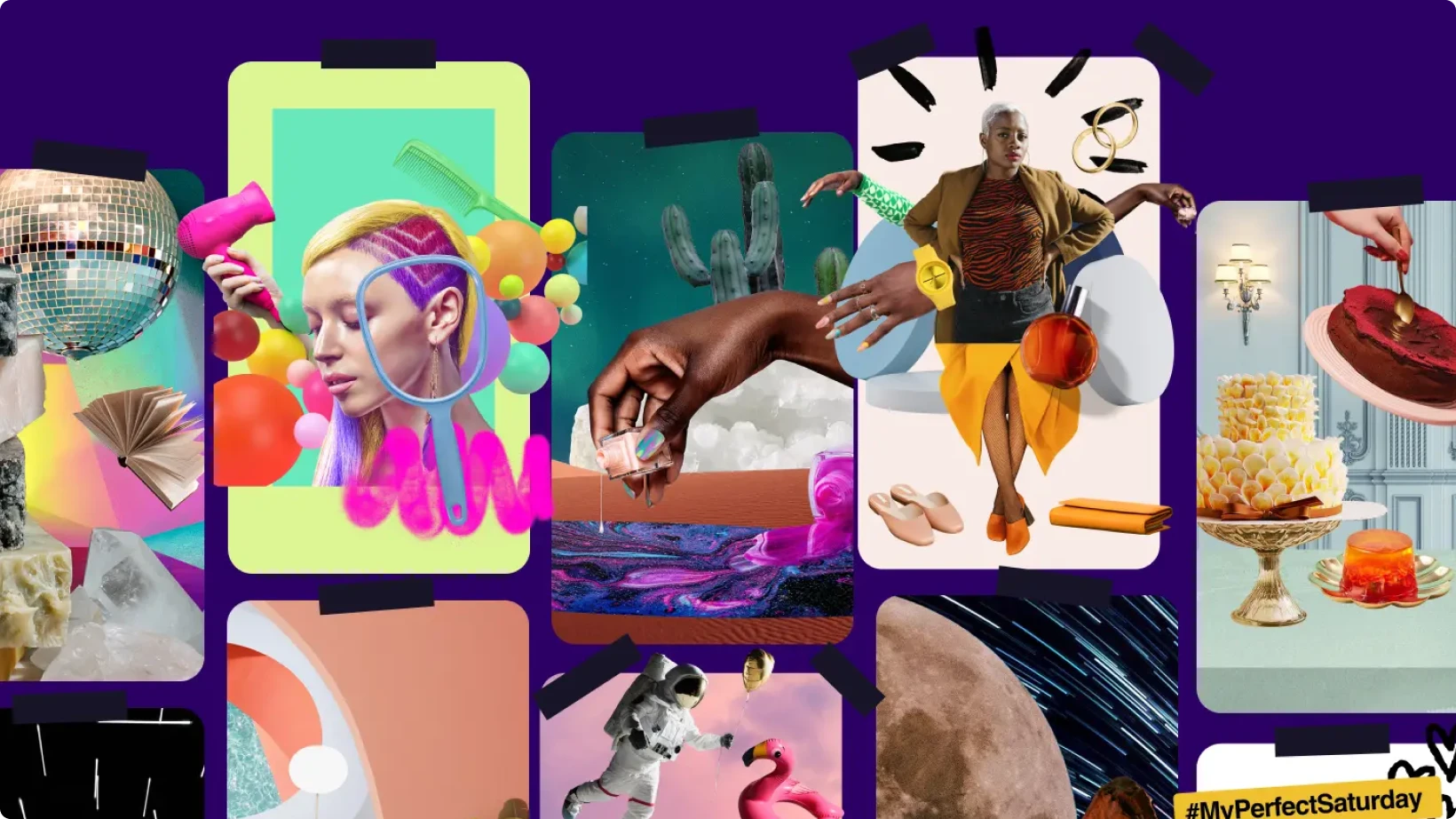 Vibrant, surreal collage created with Shuffles featuring bold cutouts: a woman with neon hair, floating beauty tools, desserts, cosmic textures, and fashion elements. A playful mashup of style, space, and self-expression.