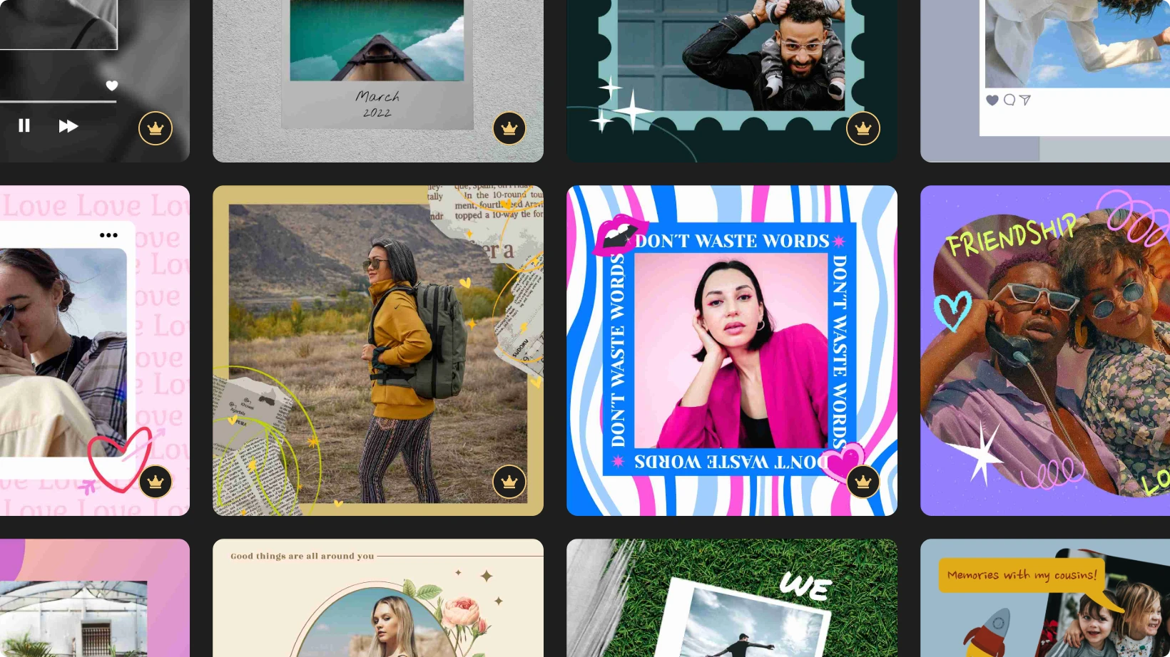 Collage of creative social media post templates from Simplified, featuring portraits, travel shots, quotes, and stylized text. Vibrant colors and playful frames designed for storytelling, friendship, and inspiration.