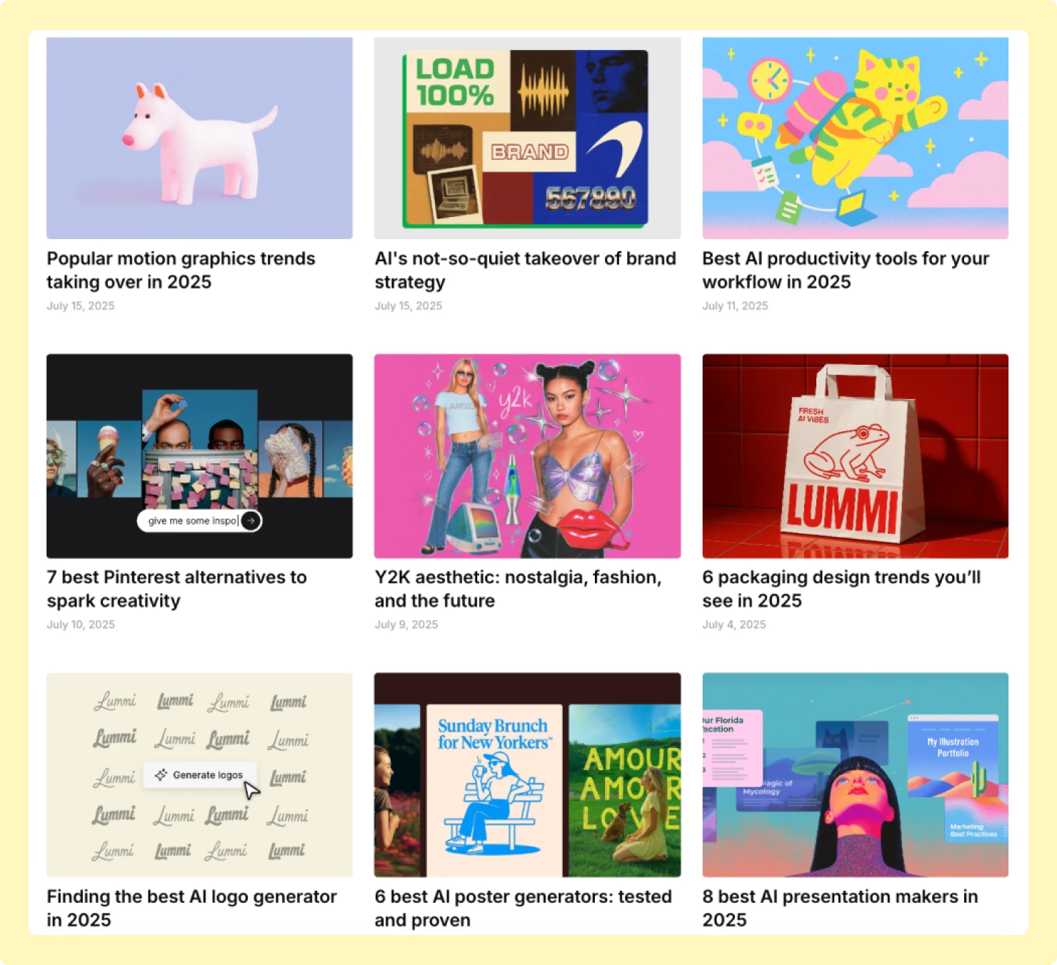 Screenshot of the Lummi blog homepage showcasing featured articles on creative trends in 2025, including motion graphics, AI branding, Y2K aesthetics, productivity tools, and packaging design. Bold visuals and colorful thumbnails highlight each blog topic.