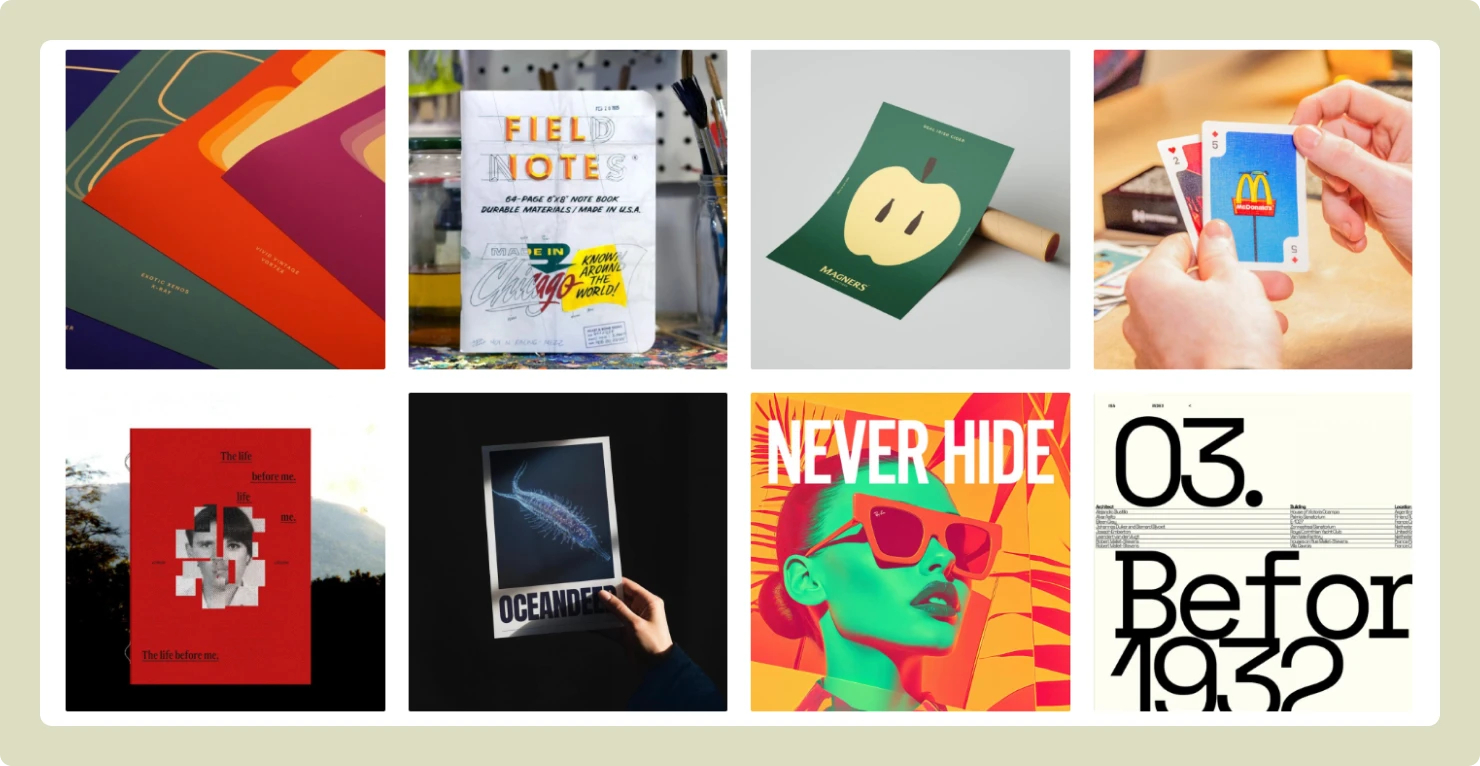 Screenshot of the Abduzeedo blog showcasing graphic design inspiration, including modern posters, branding, packaging, typography, and editorial layouts. A vibrant gallery of contemporary visual design trends.