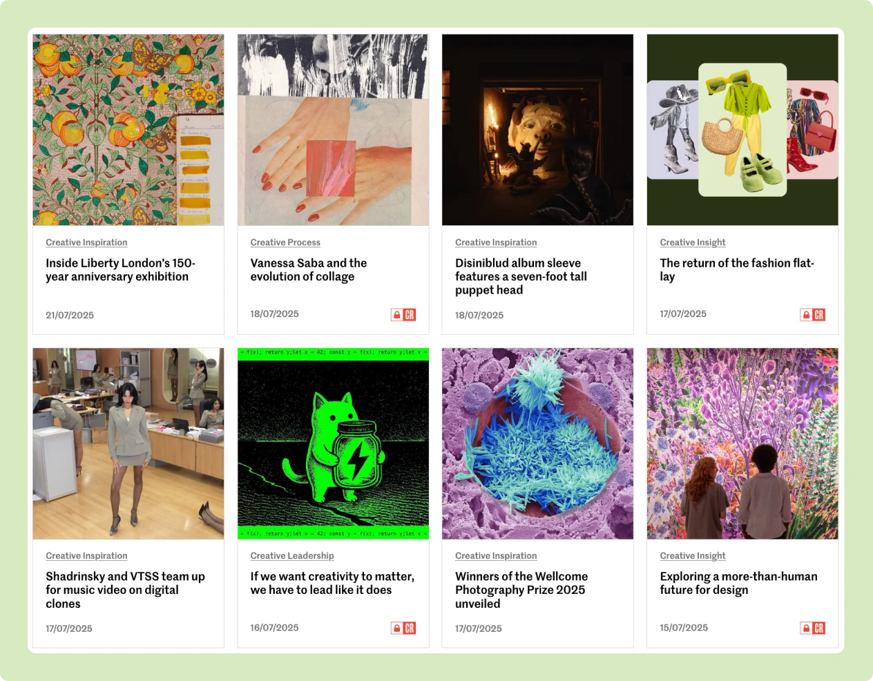 Screenshot of the Creative Review blog featuring articles on contemporary creativity, including Liberty London’s 150-year exhibition, fashion flat-lays, album art, collage, digital music videos, and future design trends.