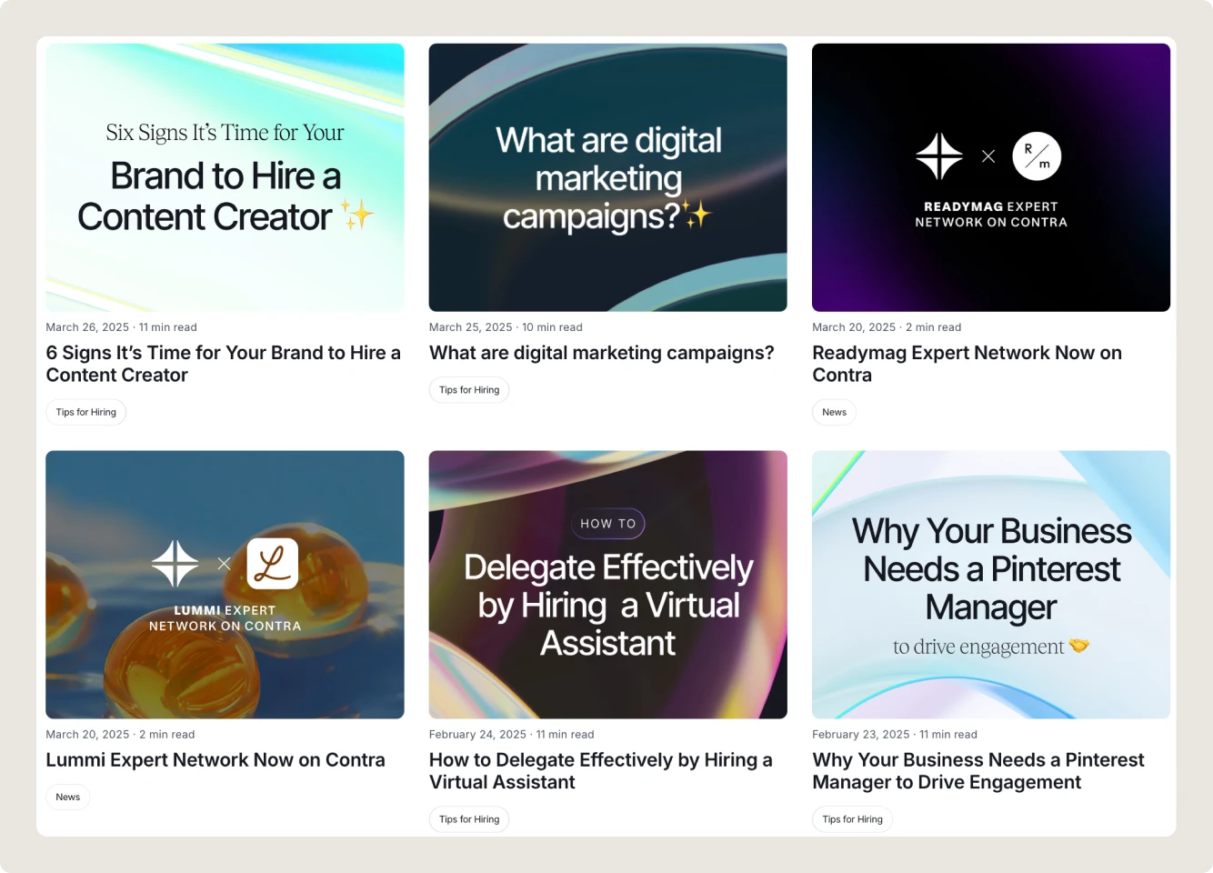 Screenshot of the Contra blog homepage featuring posts on hiring content creators, digital marketing campaigns, delegating to virtual assistants, and the Lummi Expert Network. Modern gradient visuals and freelance business tips.