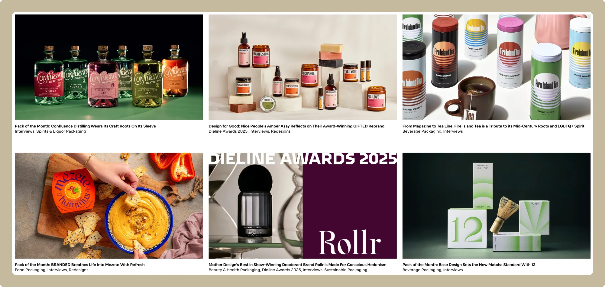 Screenshot of The Dieline blog homepage featuring award-winning packaging designs, including craft spirits by Confluence Distilling, Fire Island Tea, Mezete hummus, Rollr deodorant, and matcha brand 12. Highlights include interviews and rebrands.