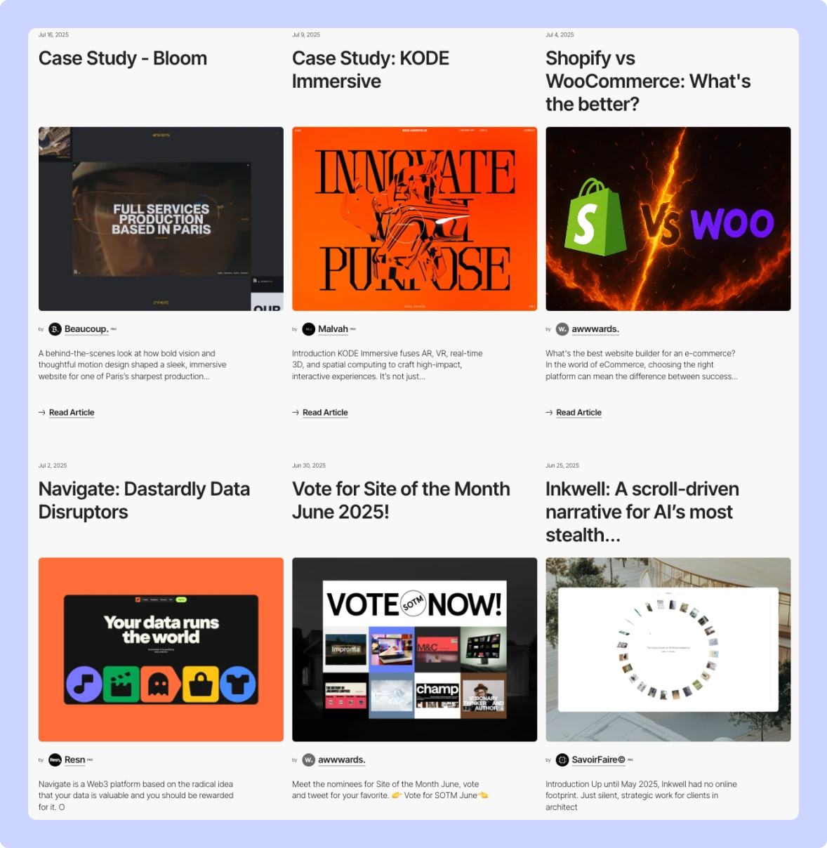 Screenshot of the Awwwards blog showcasing case studies and comparisons, including immersive site design by Bloom and KODE, plus a Shopify vs. WooCommerce breakdown. Highlights cutting-edge UX, AR, and web development insights.
