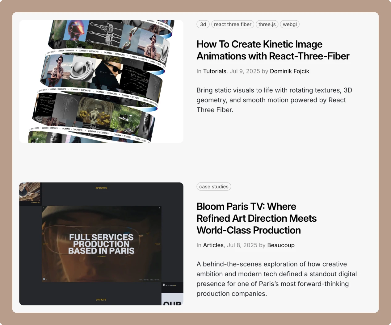 Screenshots from the Codrops blog featuring tutorials and case studies on web design and motion development. Highlights include React-Three-Fiber animation techniques and a showcase of immersive production design by Bloom Paris TV.