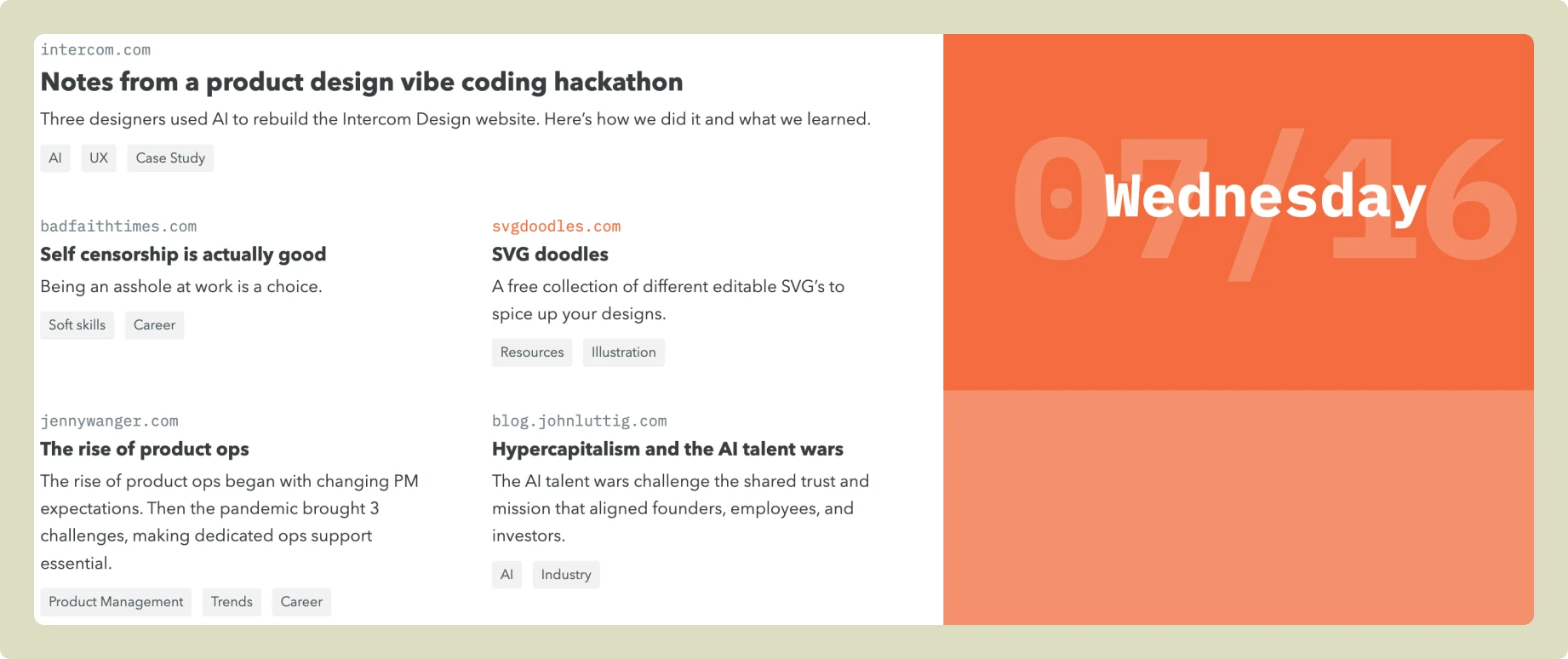 Screenshot of Sidebar.io’s curated blog links, featuring articles on AI-driven product design, soft skills, product ops, editable SVG resources, and the AI talent war. Includes highlights from Intercom, Bad Faith Times, and John Luttig.