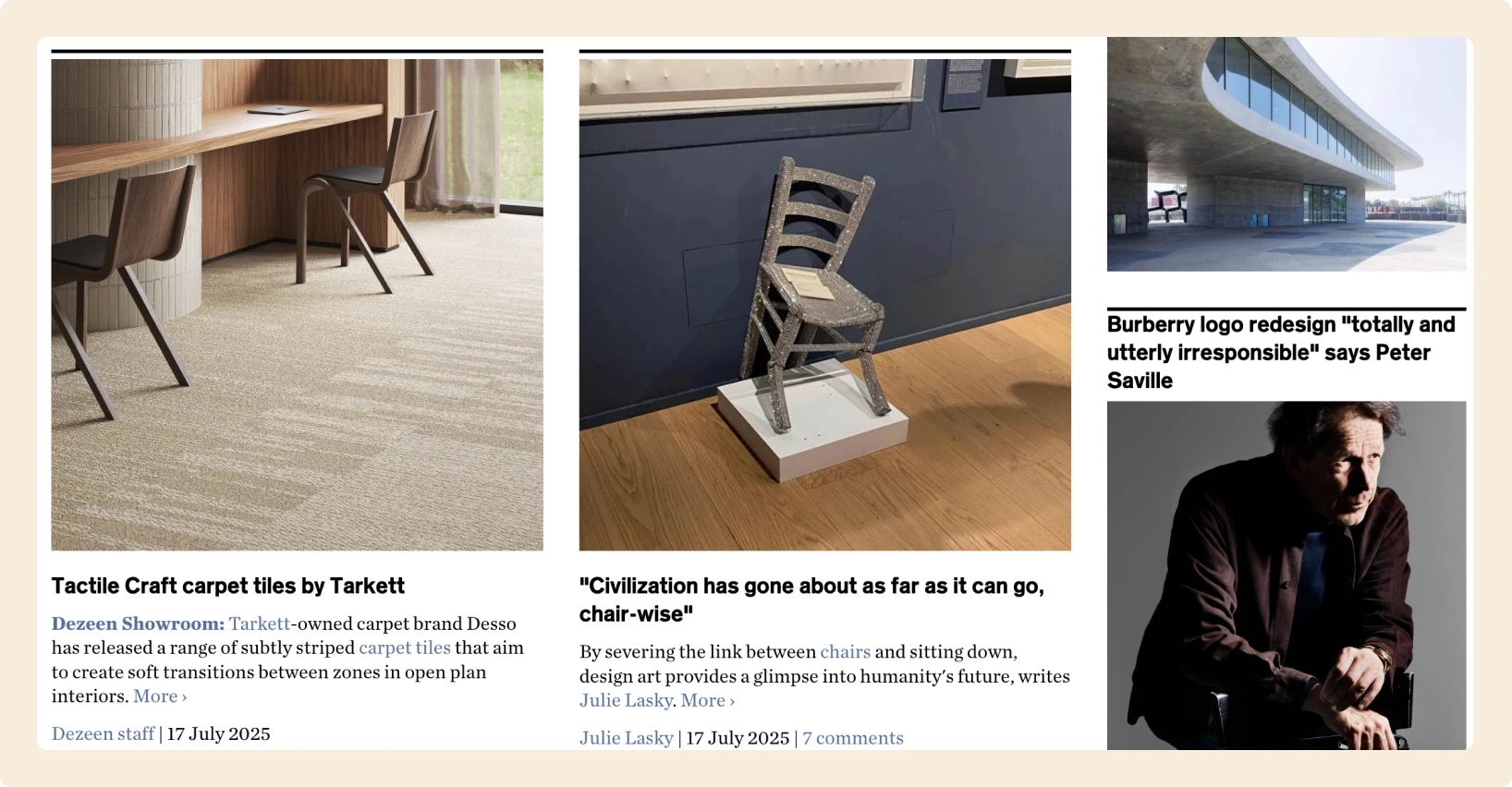 Screenshot of the Dezeen blog featuring design news on Tarkett’s tactile carpet tiles, a conceptual art chair exhibit, and Peter Saville’s critique of the Burberry logo redesign. Highlights include materials, commentary, and showroom insights.