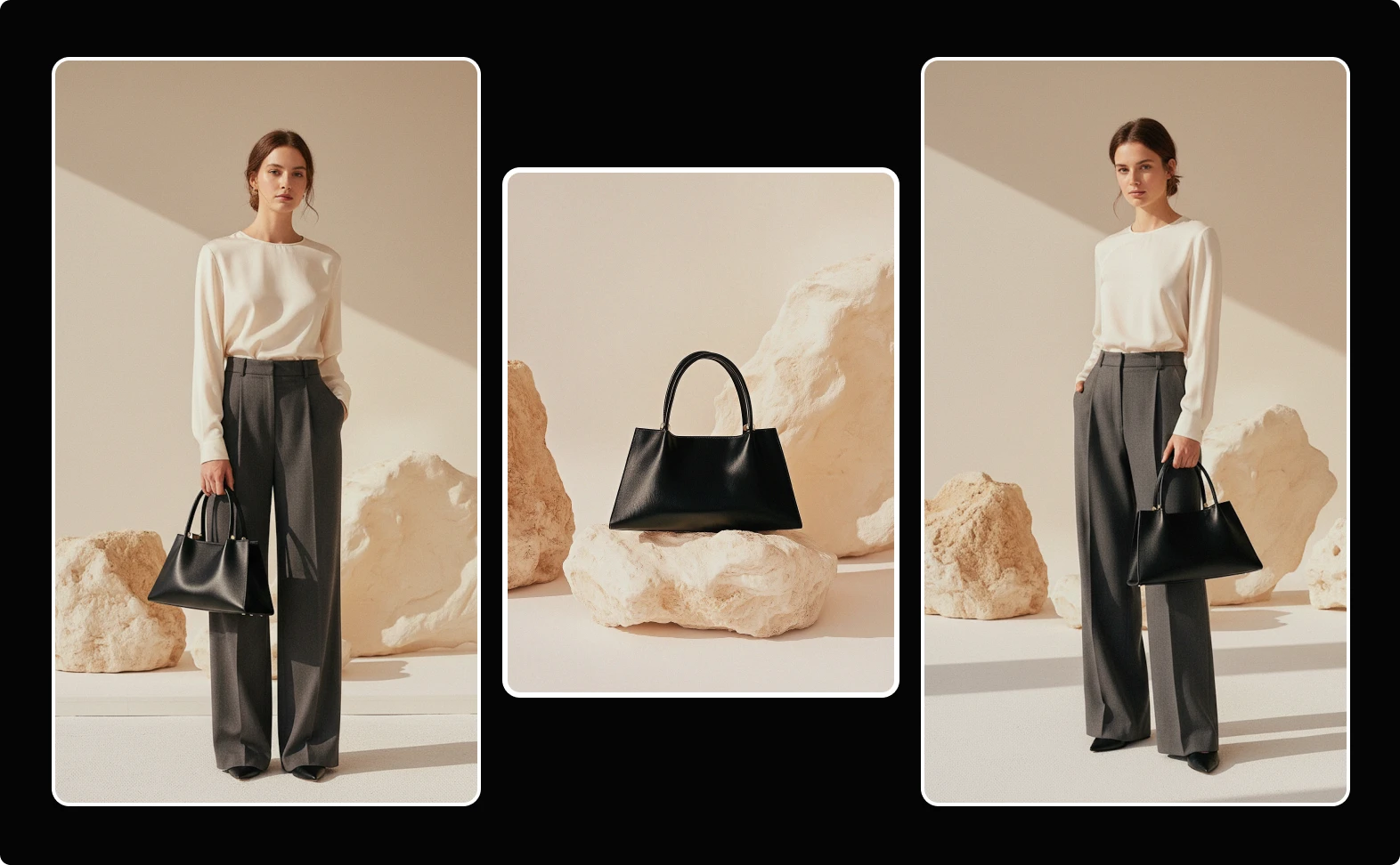 Minimalist fashion model in cream blouse and high-waisted gray trousers holding a structured black leather handbag, styled in a neutral stone backdrop for a luxury handbag photoshoot. Highlighting Nano banana consistency in product mockups.